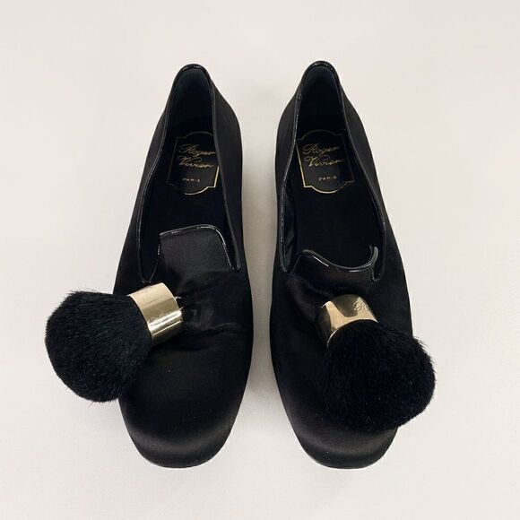 Roger Vivier Black Satin Slip On Flats with Brush Tassel Detail - Picture 4 of 11